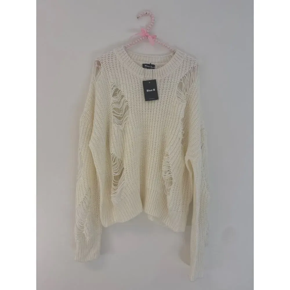 NWT Blue B Boutique Distressed Sweater Ivory‎ Size S/M & M/ L Boho Indie Spring